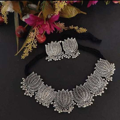 Oxidized Statement Lotus Choker Necklace Set with Earrings Jhumki
