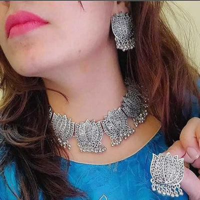 Oxidized Statement Lotus Choker Necklace Set with Earrings Jhumki