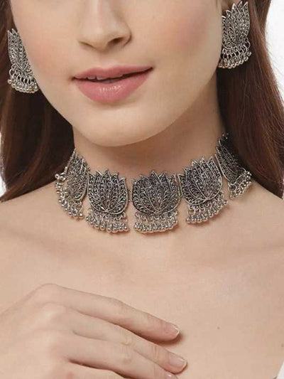 Oxidized Statement Lotus Choker Necklace Set with Earrings Jhumki