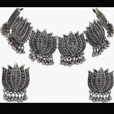 Oxidized Statement Lotus Choker Necklace Set with Earrings Jhumki